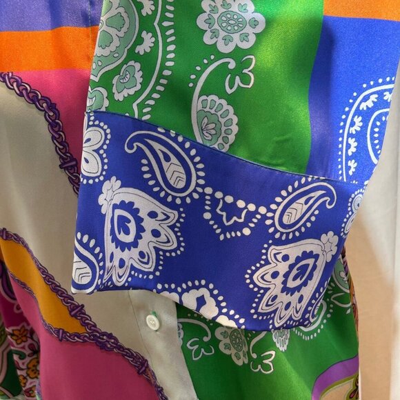 2/30 Zara Satin Paisley Patchwork Blouse Colorful Long Tie Bell Sleeves Large M - Picture 13 of 16